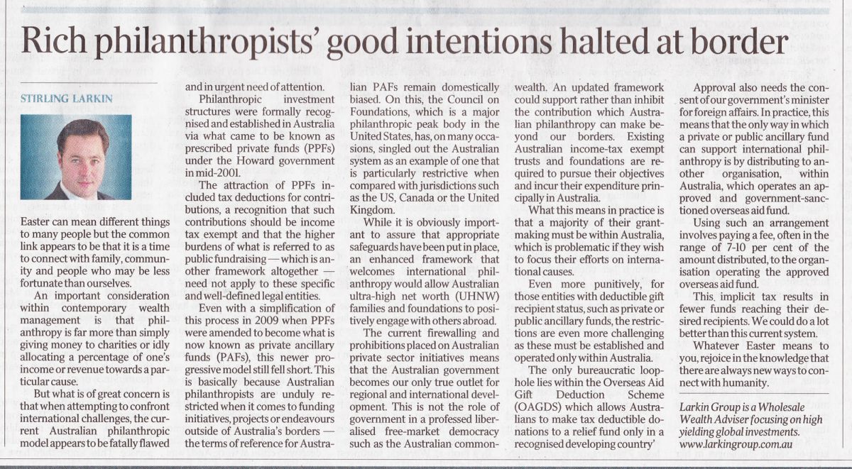 australian standfirst discusses philanthropy in 2015 in the australian newspaper