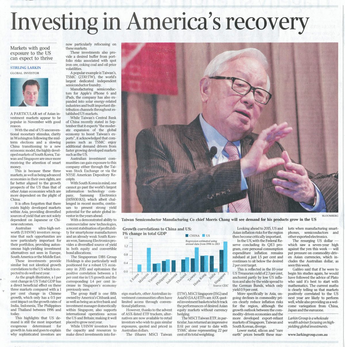 australian standfirst discusses growth in us and asian markets in 2014 in the australian newspaper